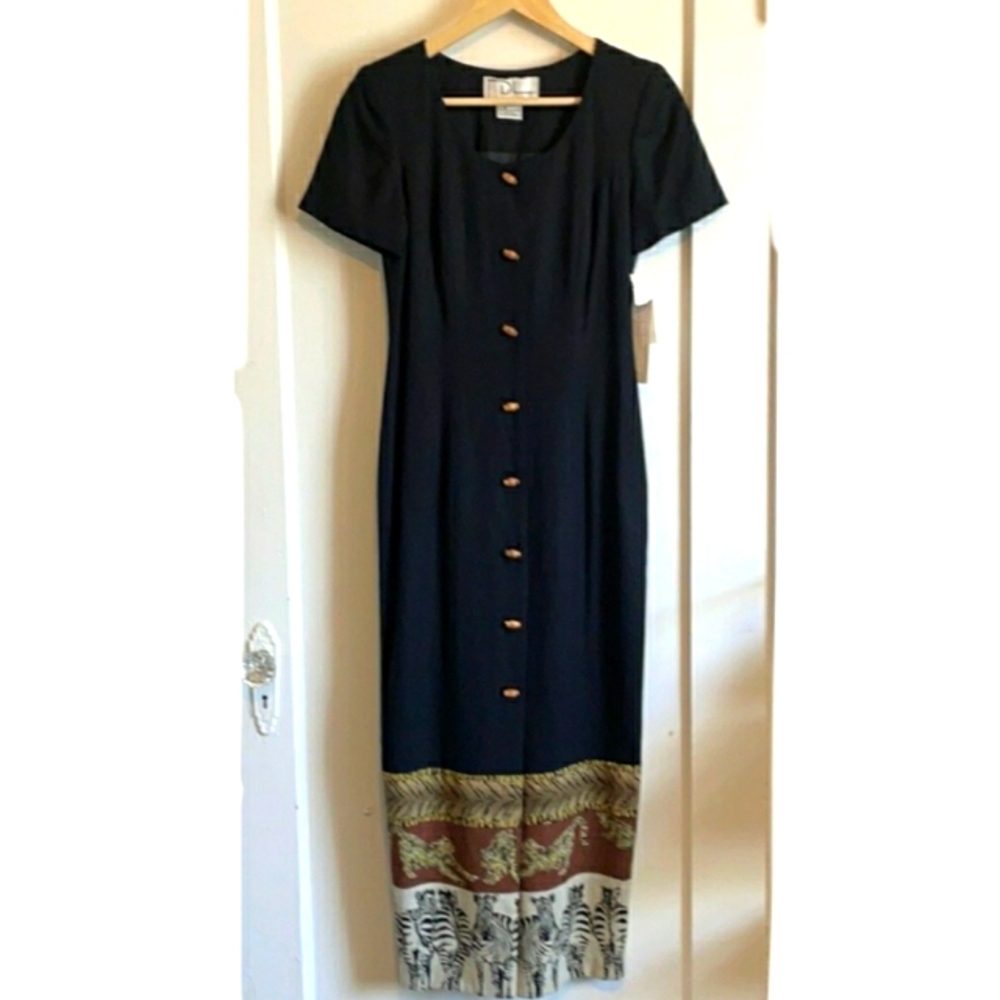 Vintage DL. Deborah Laws Linen Blend Animal Safari Maxi Dress
